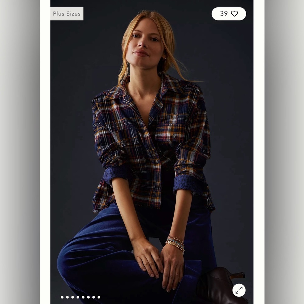 ANTHROPOLOGIE PILCRO Cropped Plaid Distressed Button Front Shirt Size Medium